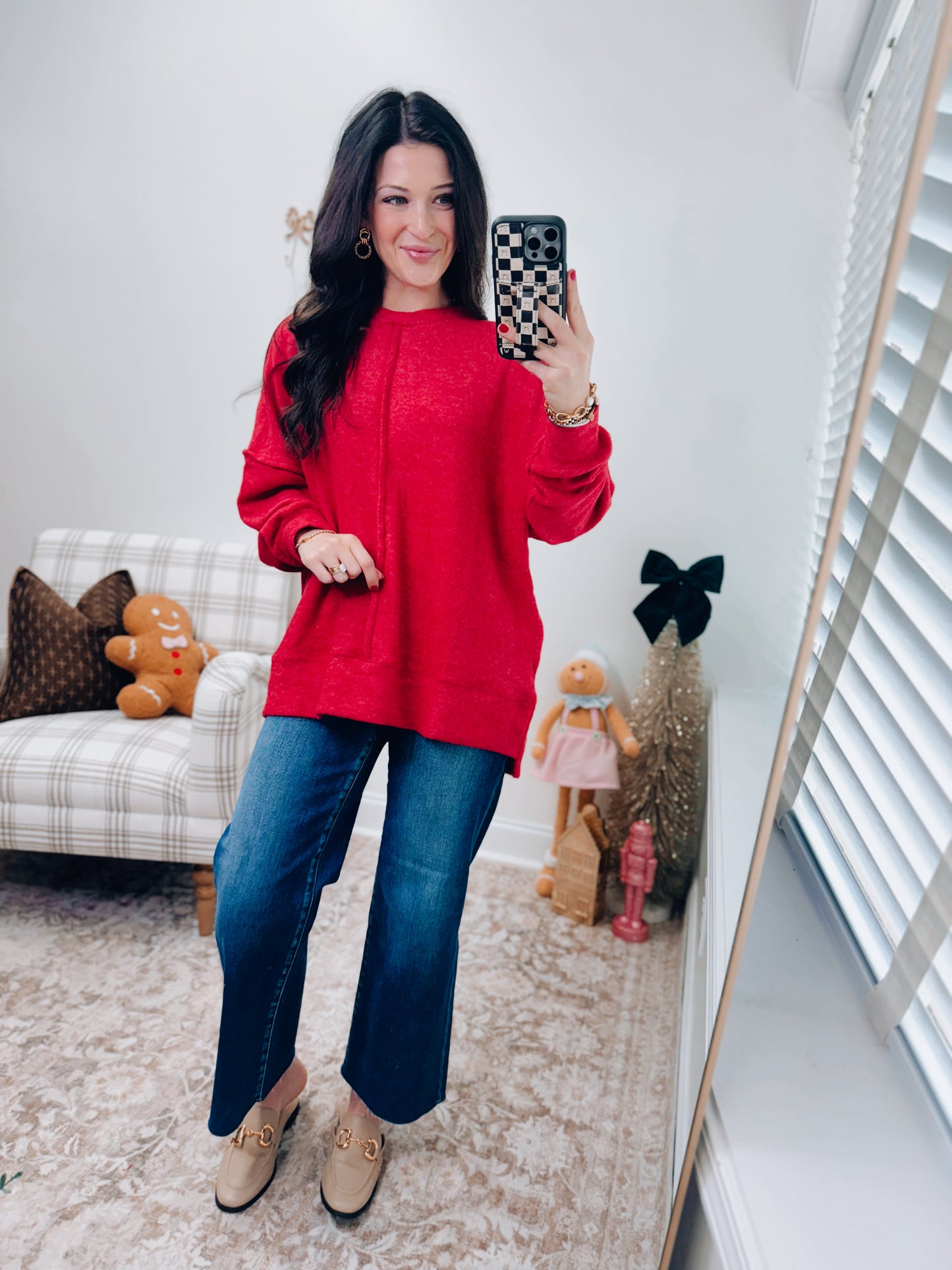 Oversized Front Seam Brushed Sweater - Red