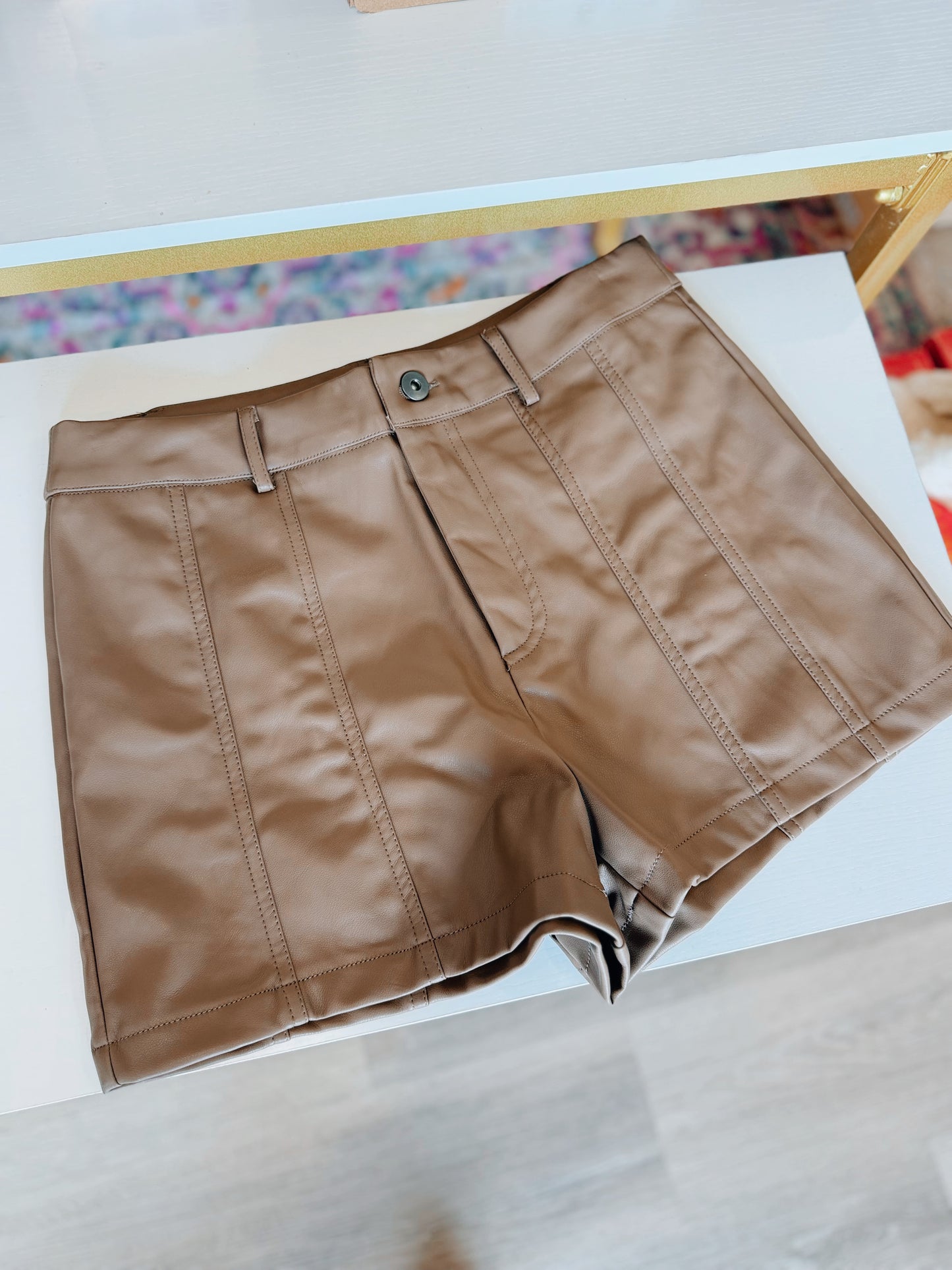 Faux Leather Shorts - Brown