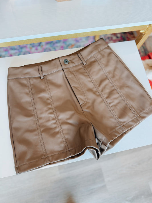 Faux Leather Shorts - Brown