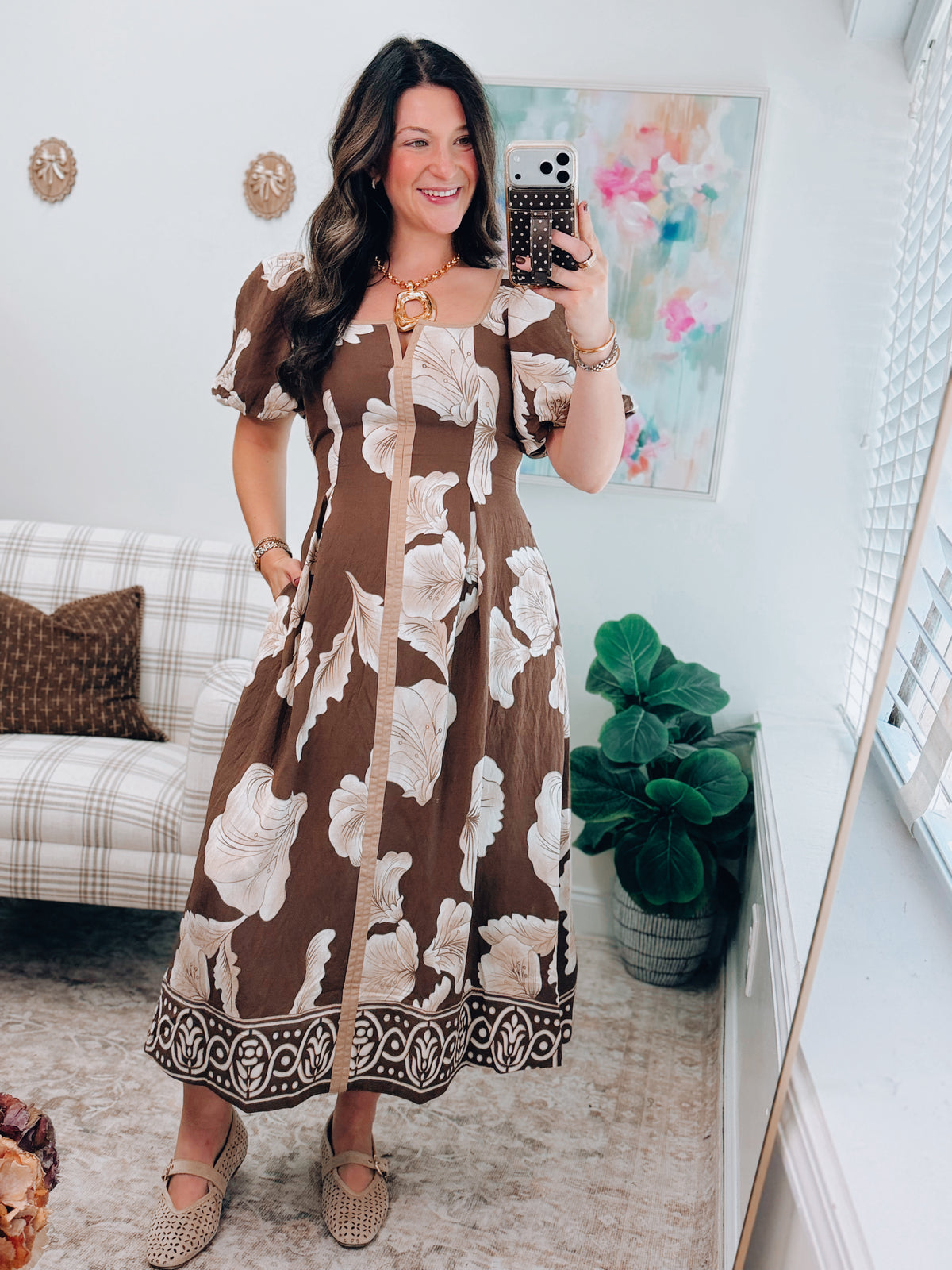 Marigold Brown Pleated Midi Dress