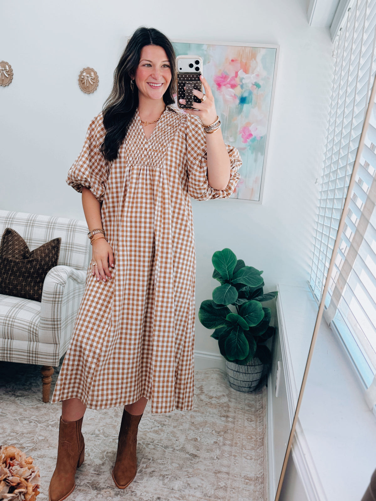 Teagan Caramel Gingham Smocked Midi Dress