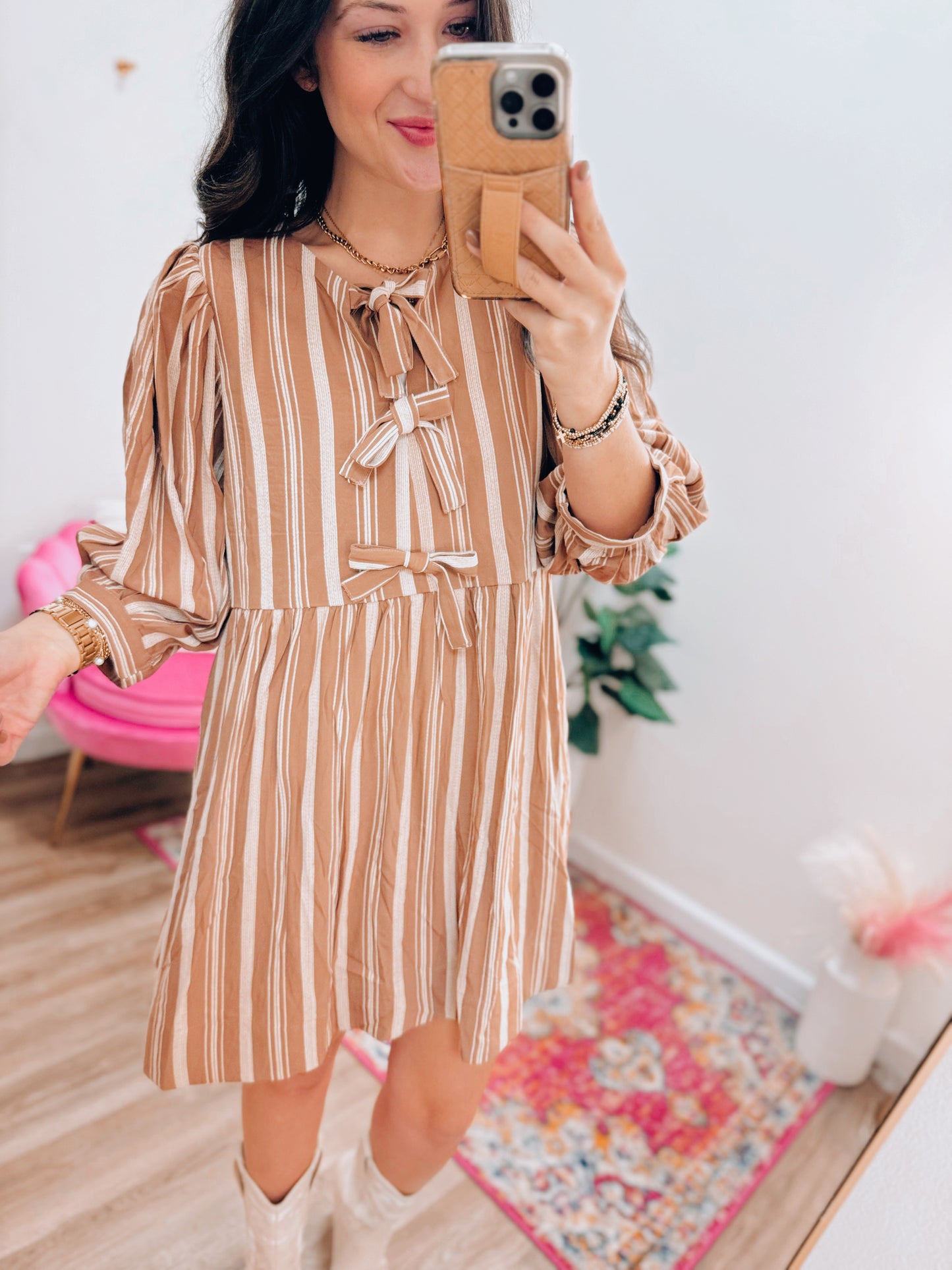 Camel Bow Striped Mini Dress