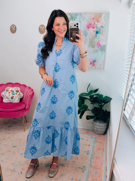 Camille Embroidered Midi Dress - Chambray