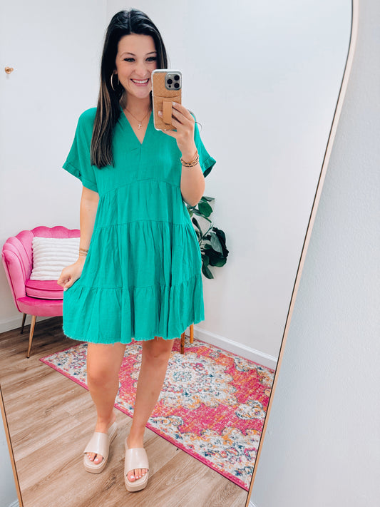 Lily Tiered Linen Mini Dress - Green