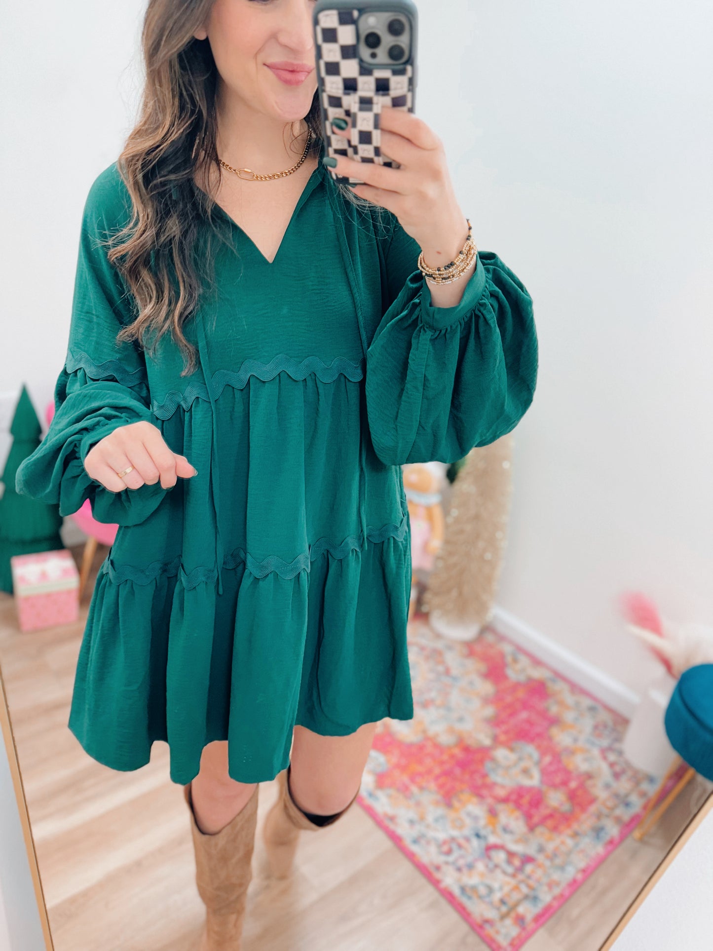 Green Scallop Trim Mini Dress