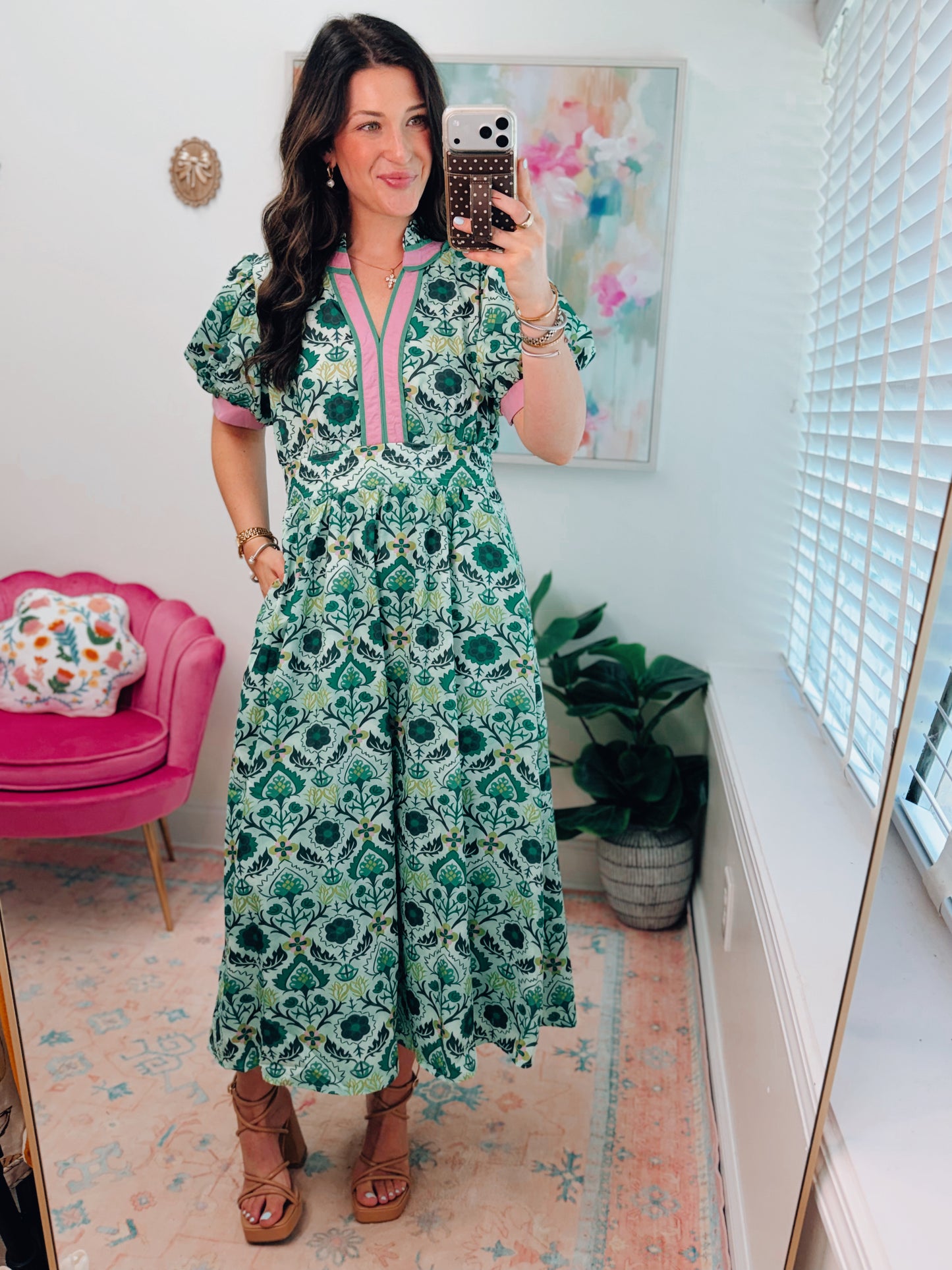 Green Mix Color Block Midi Dress