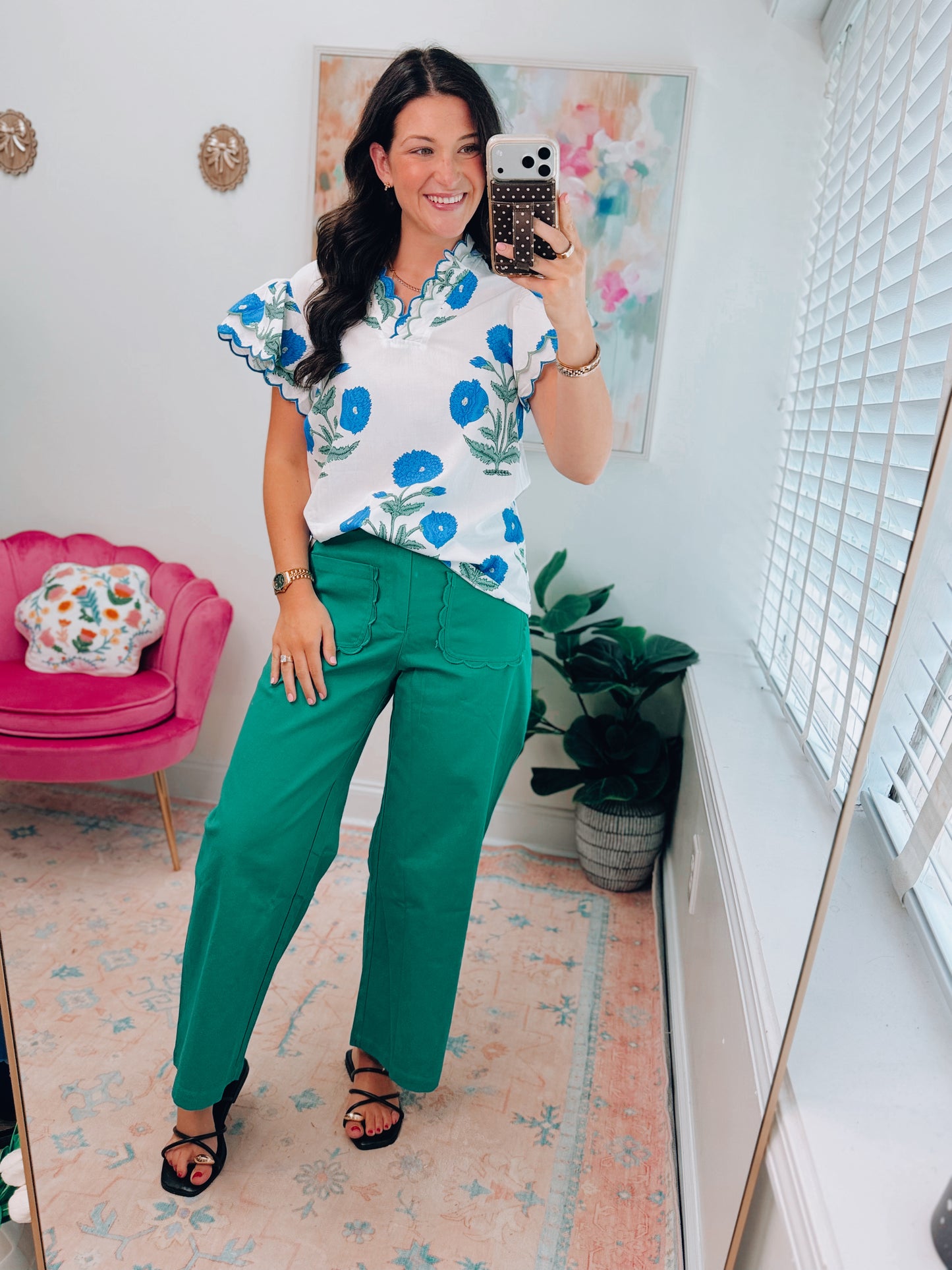 Caroline Blue Floral Scallop Top