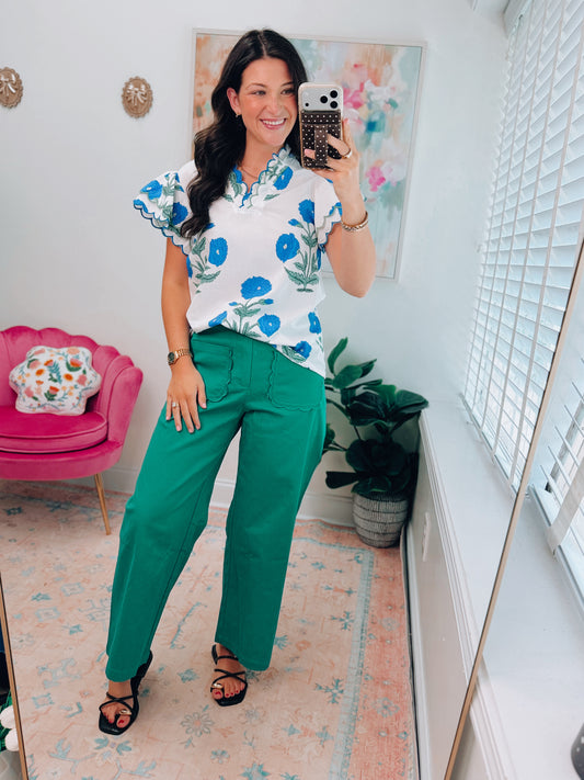 Caroline Blue Floral Scallop Top
