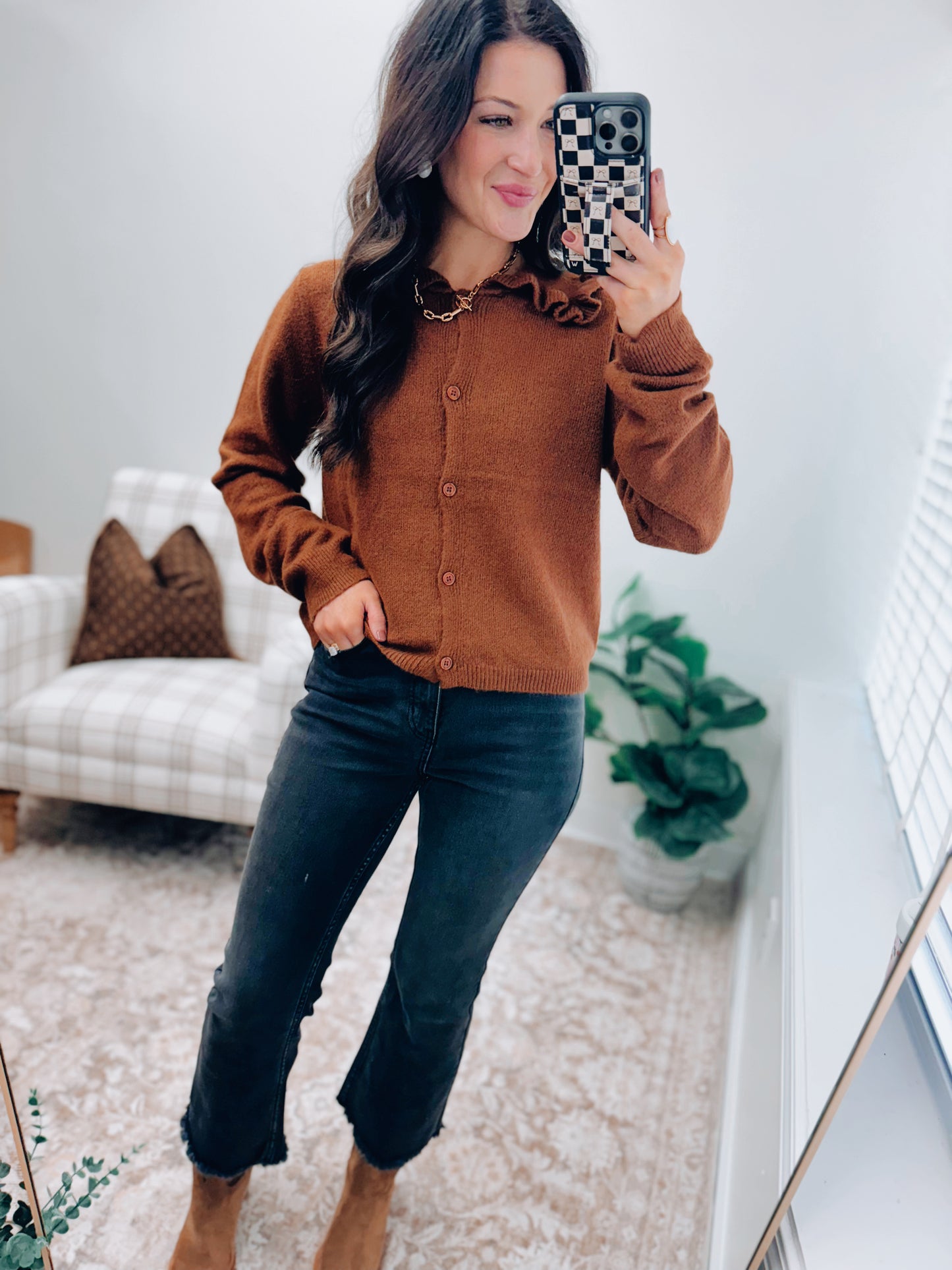 Ruffle Collar Cardigan Sweater - Chesnut