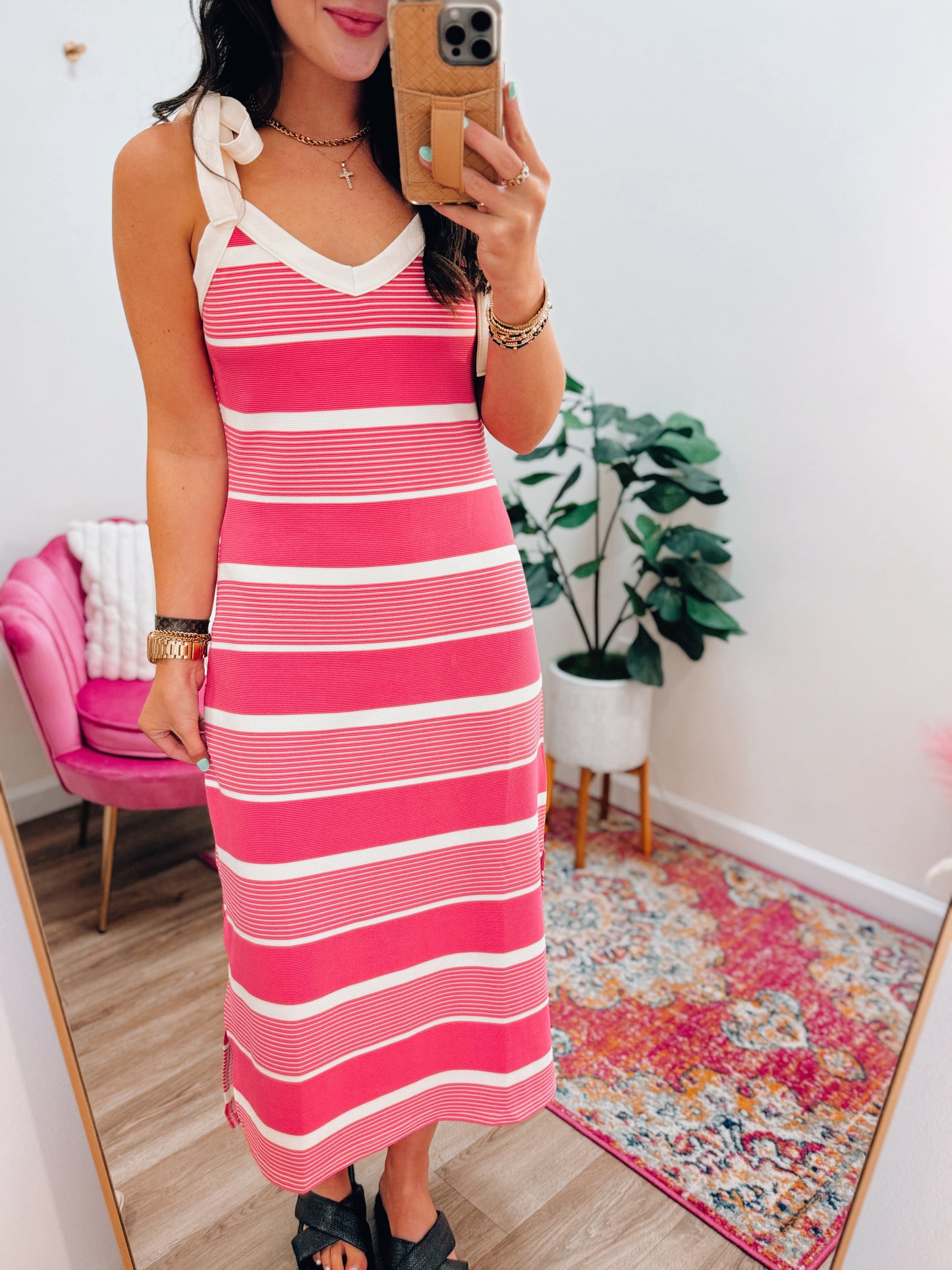 Susie Striped Bow Tie Midi Dress - Pink