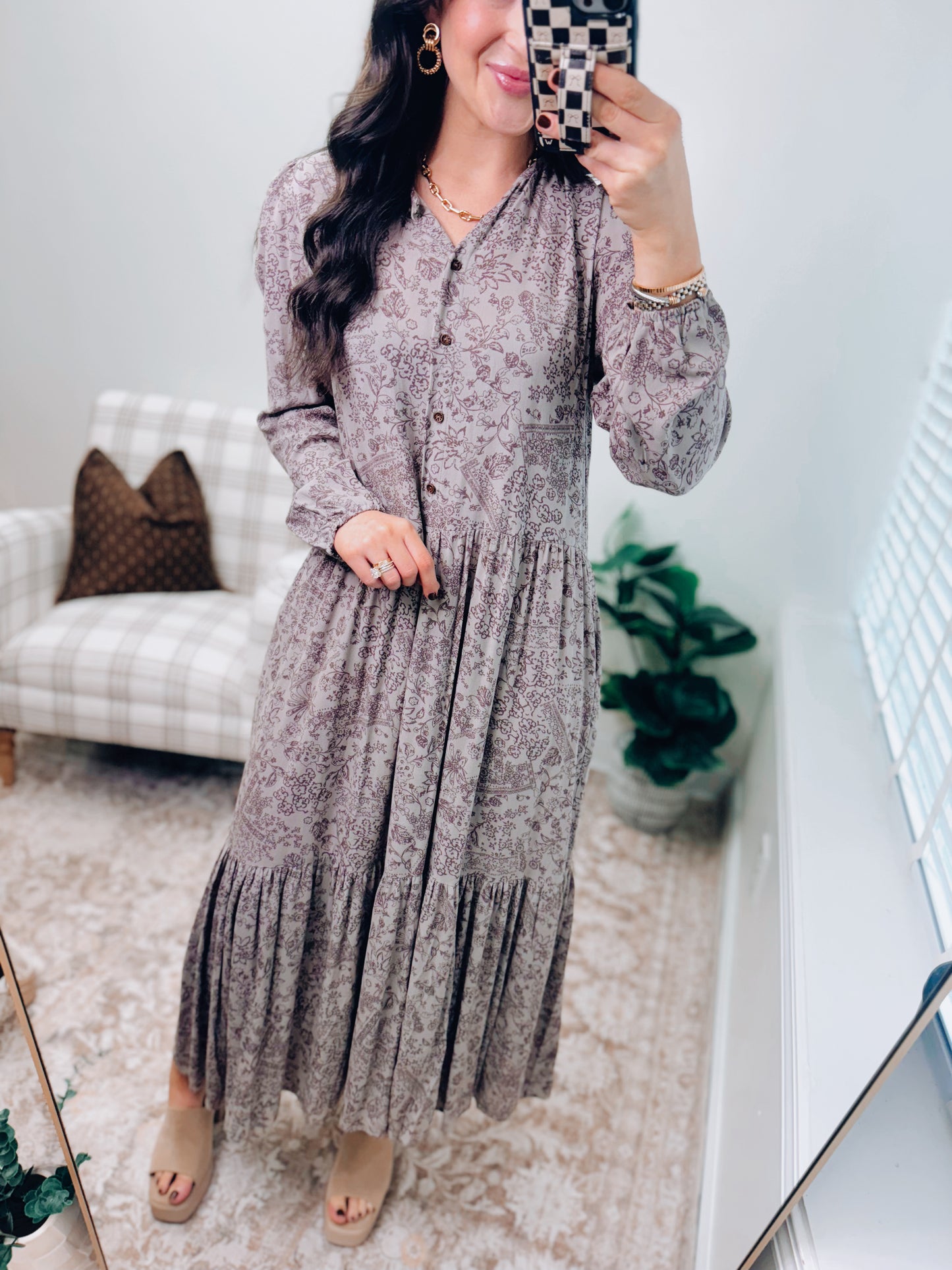 Denae Floral Print Tiered Midi Dress