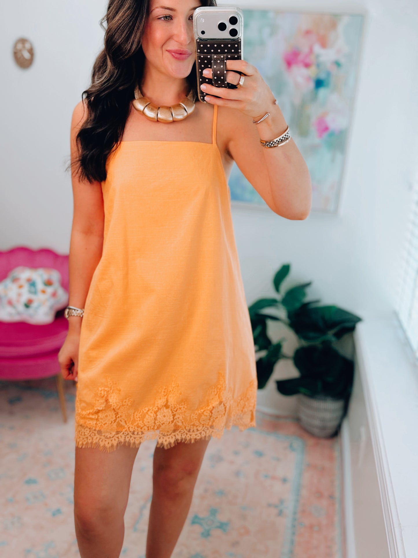 Orange Lace Trim Mini Dress