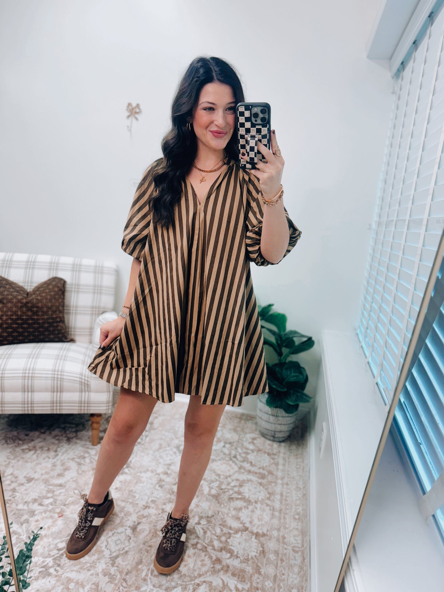 Ellery Striped Puff Sleeve Mini Dress - Olive