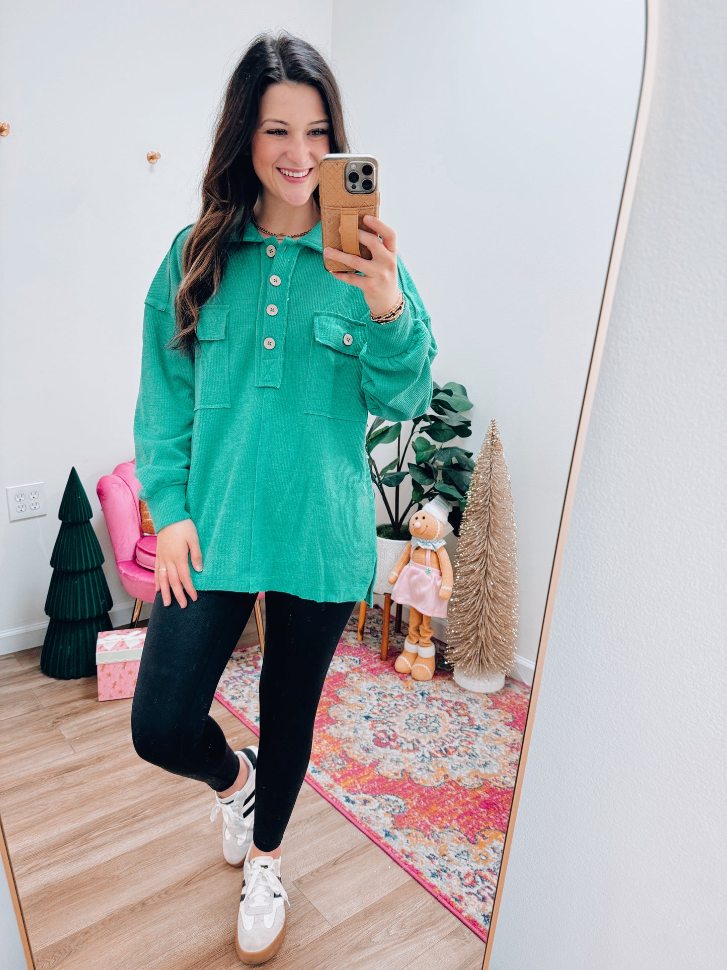 Henley Knit Button Top - Green