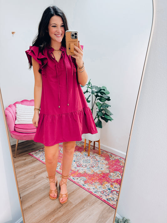 Plum Ruffle Sleeve Mini Dress