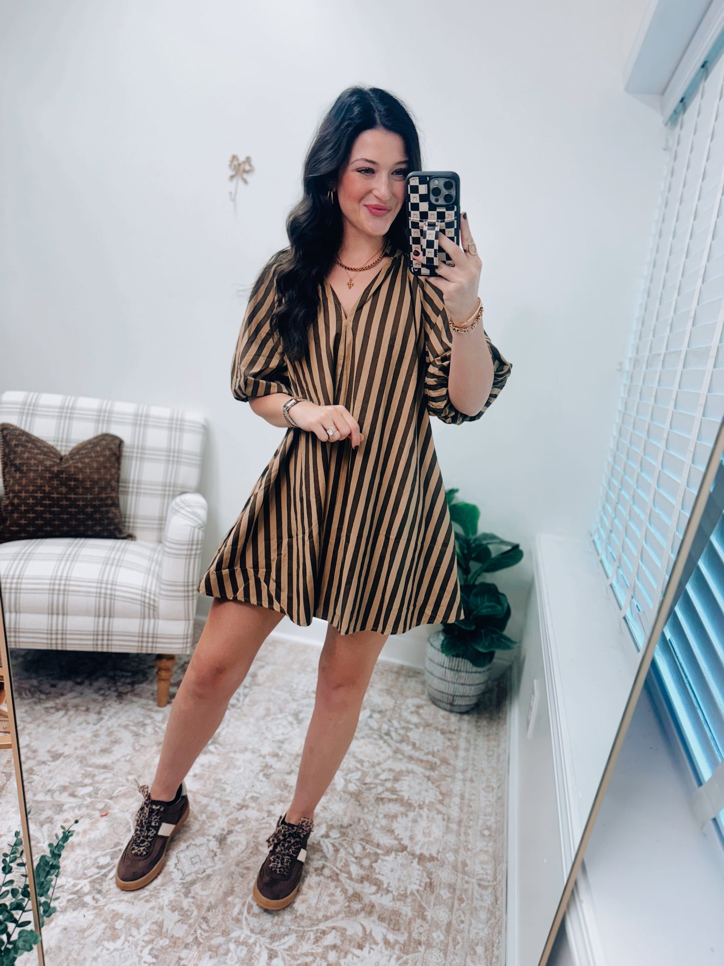 Ellery Striped Puff Sleeve Mini Dress - Olive