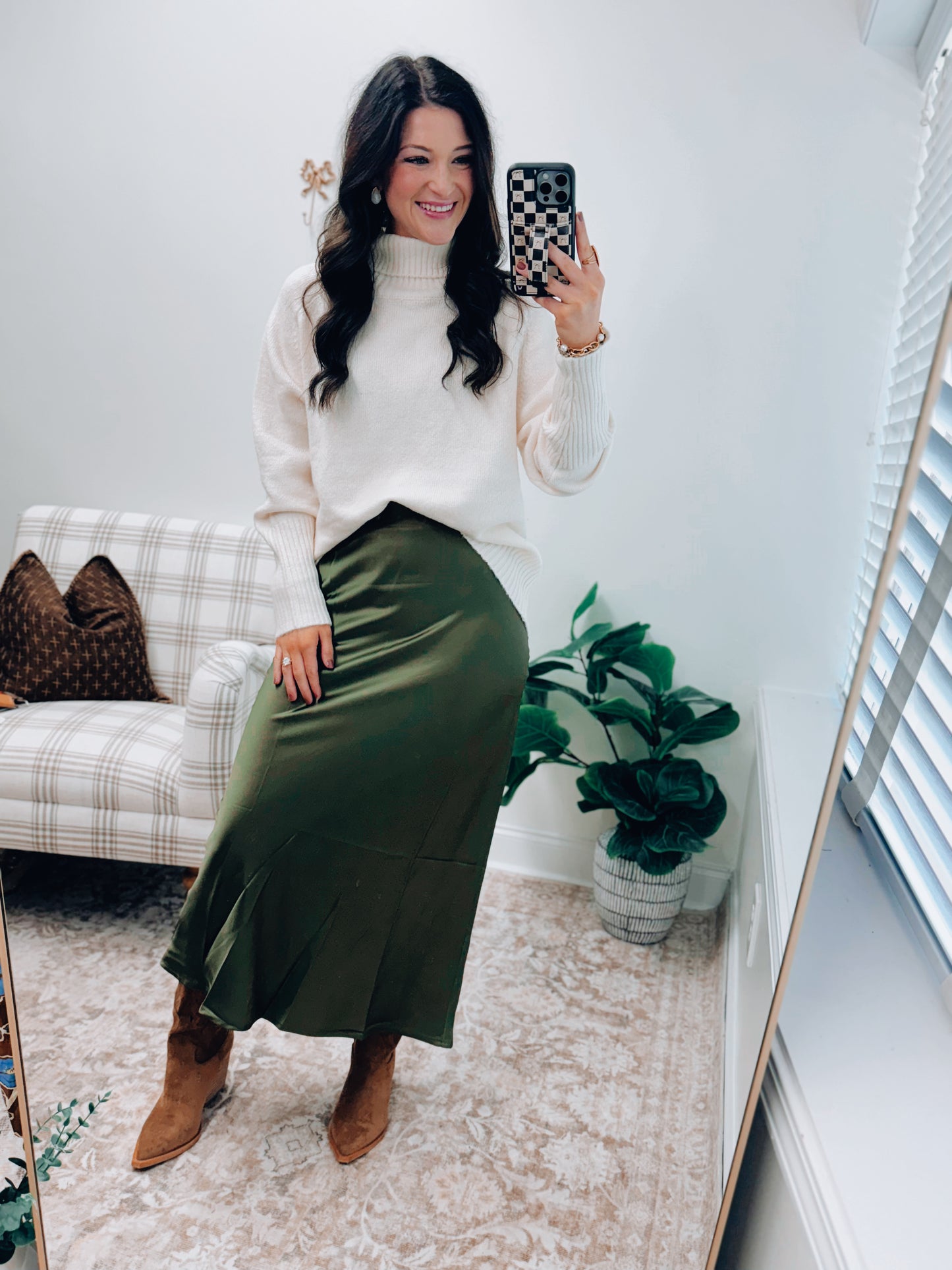 Veda Satin Midi Skirt - Olive