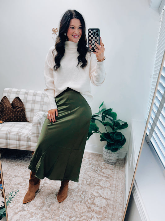 Veda Satin Midi Skirt - Olive