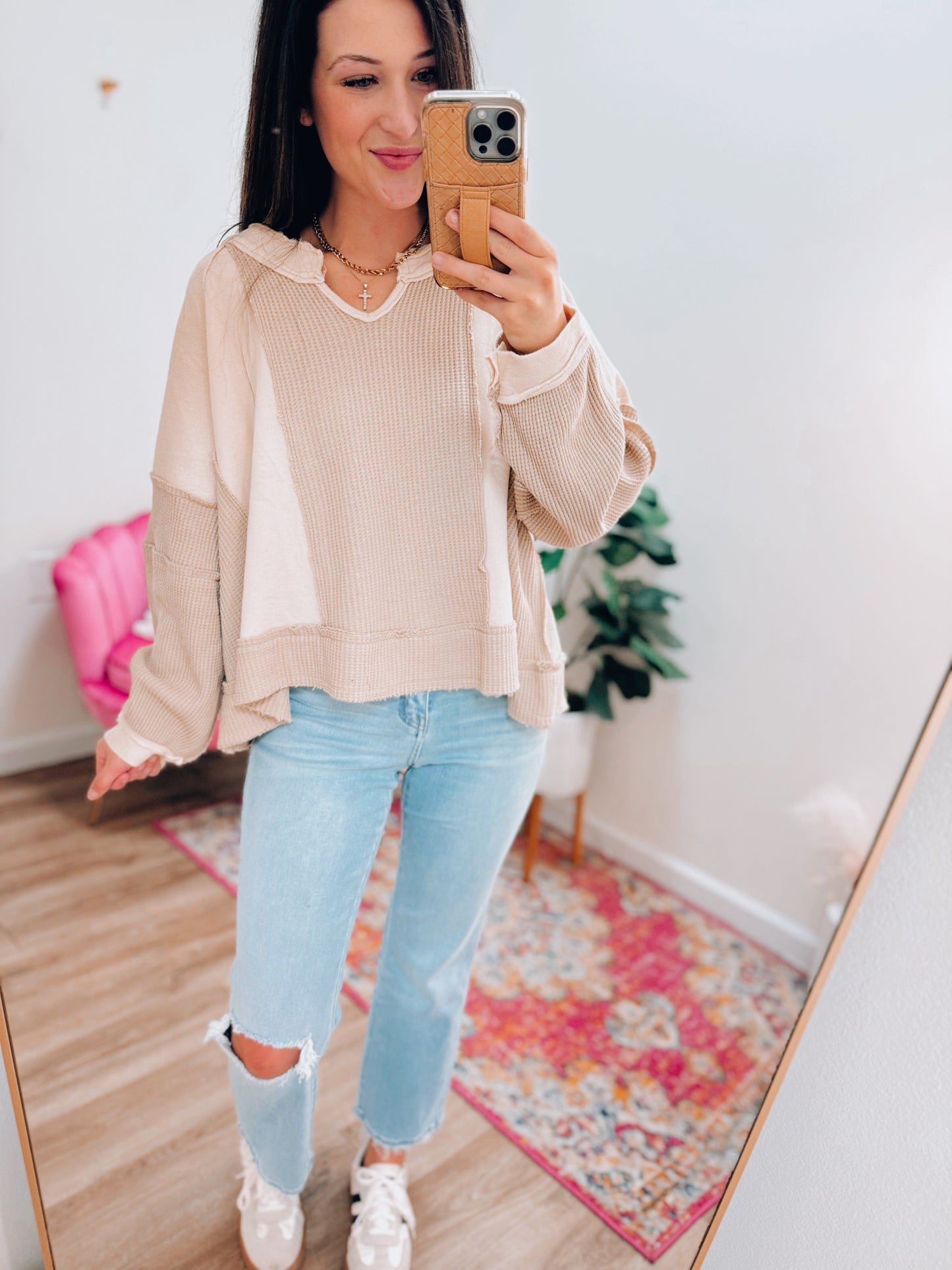 Oatmeal Contrast Knit Top