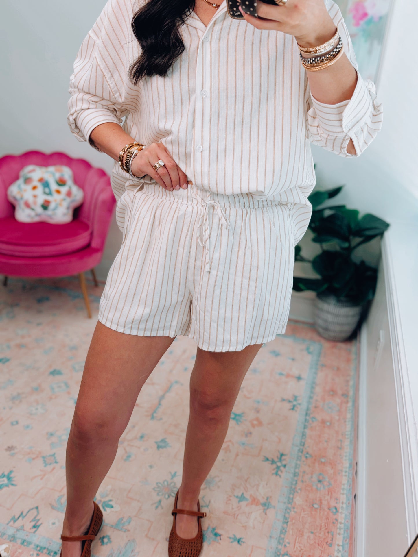 Henley Striped Button Up Shorts Set - Tan