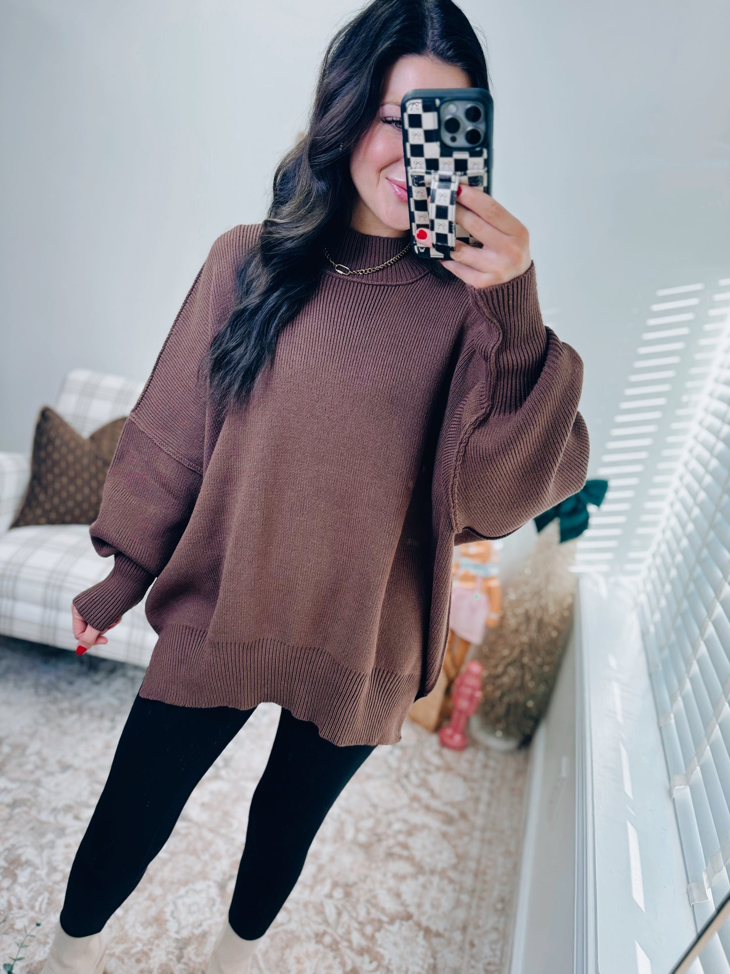 CURVY Millie Ribbed Oversized Sweater Top - Brown