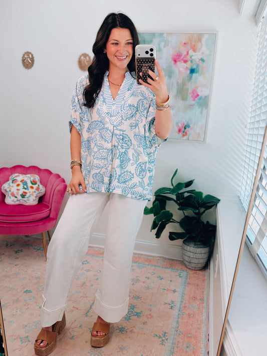 CURVY Light Blue Coastal Dolman Top