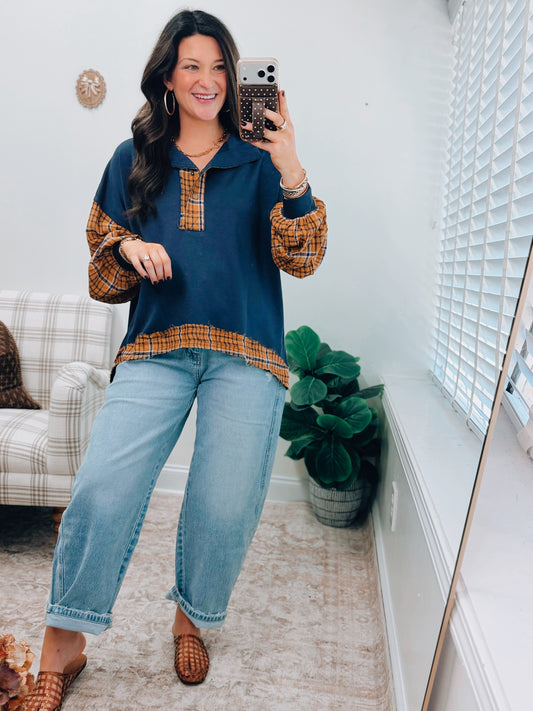 Tatum Navy Flannel Combo Top