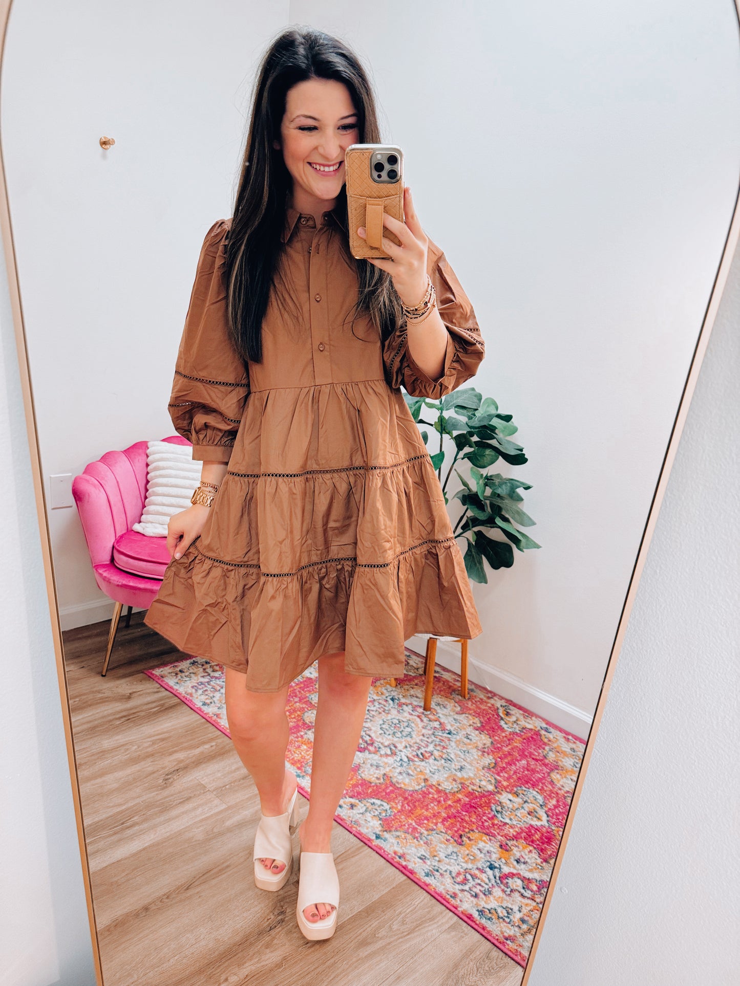 Mocha Eyelet Tiered Mini Dress