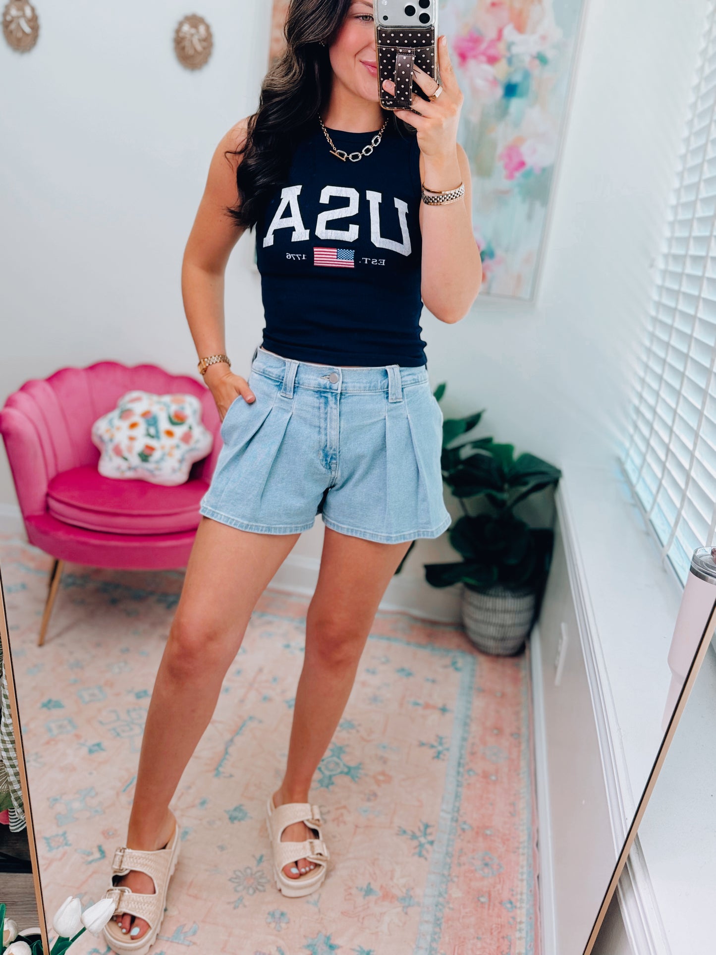 Pleated Bubble Denim Shorts