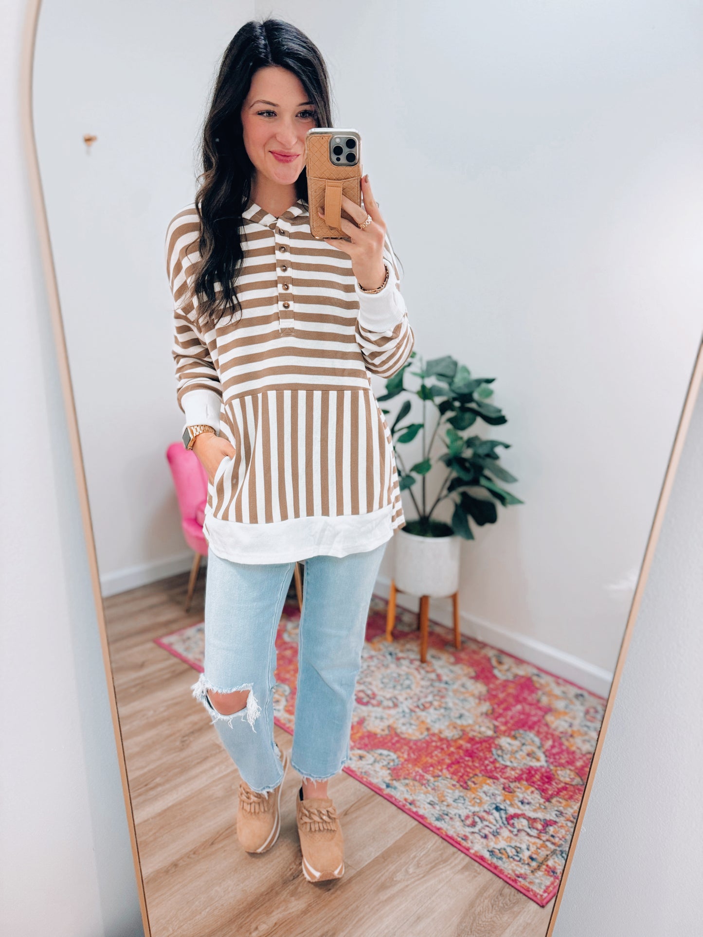 Mocha Striped Button Hooded Pullover