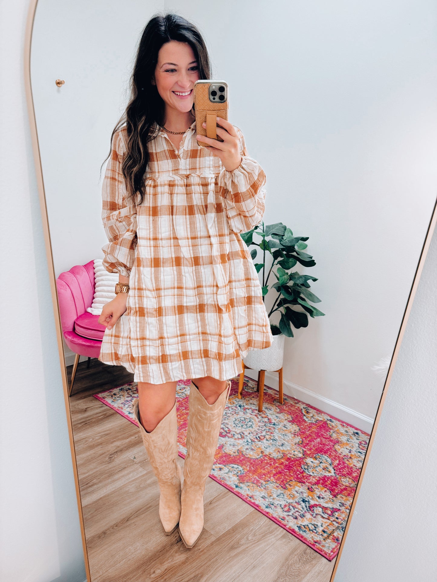 Brown Plaid Flannel Mini Dress