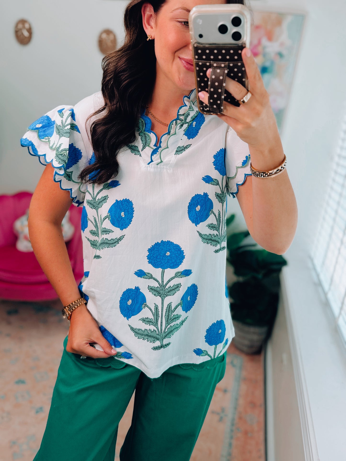 Caroline Blue Floral Scallop Top
