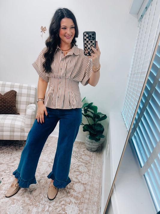 Willow Striped Pleated Button Top - Brown