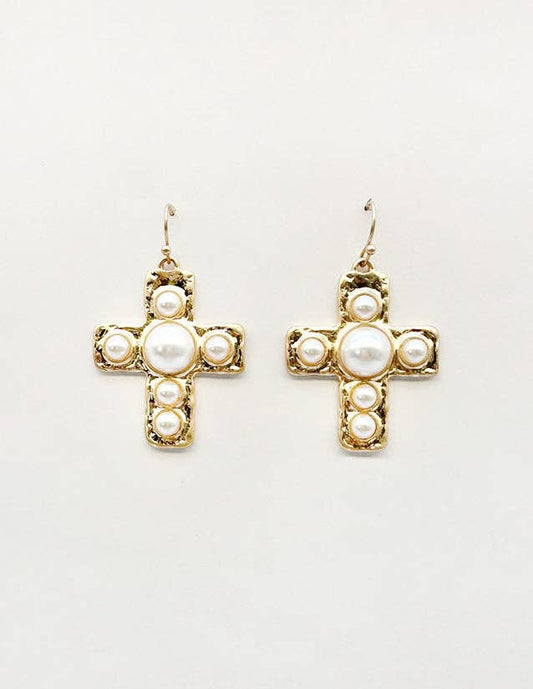 Cross Thick Cross Pearl Earrings