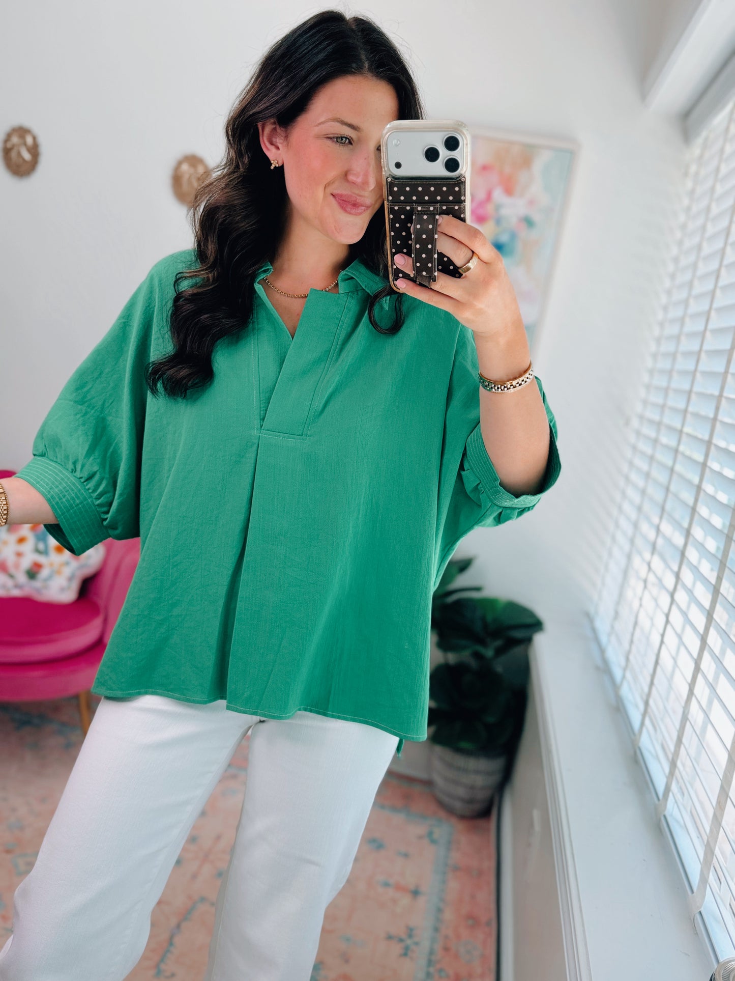Dallas Green Dolman Split Top