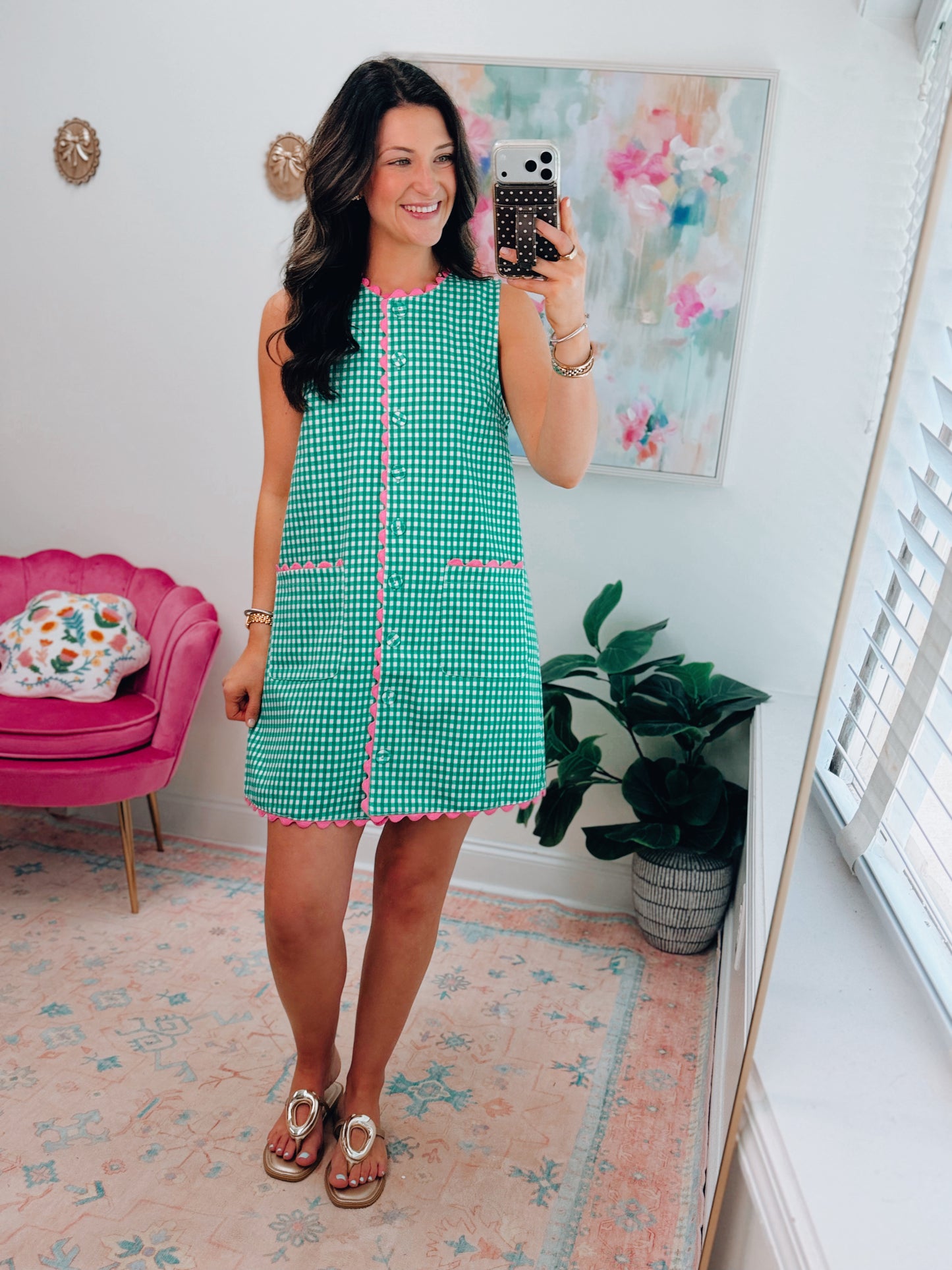 Southern Gingham Pink Scallop Mini Dress