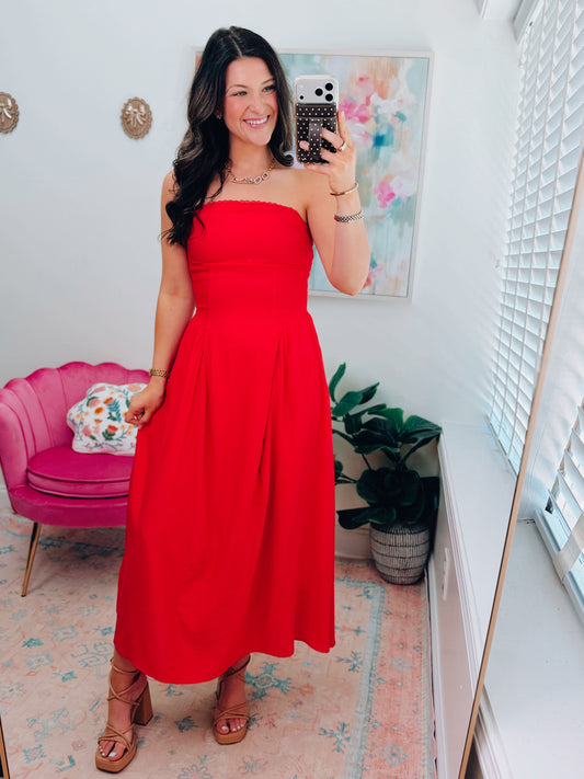 Ruby Lace Trim Strapless Midi Dress