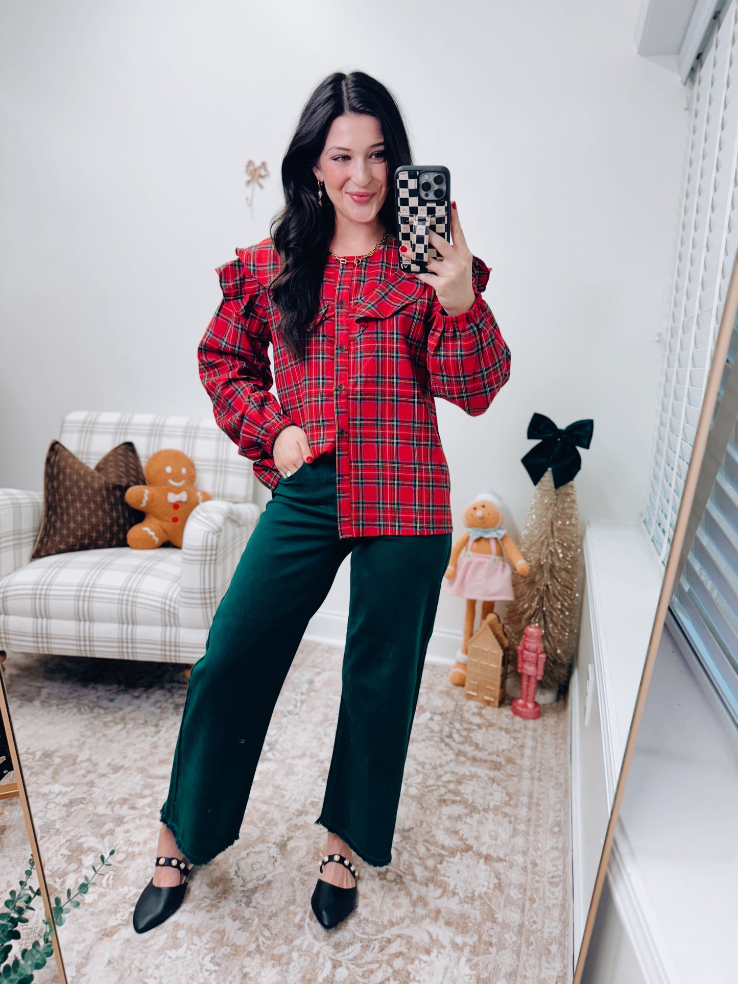 Christmas Plaid Button Ruffle Top