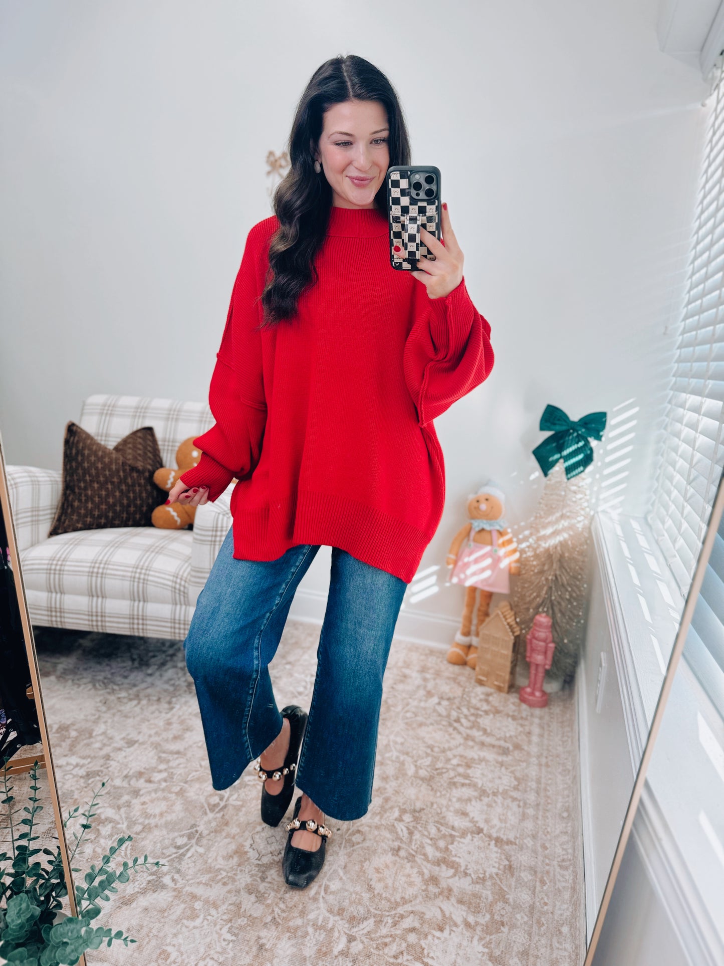 CURVY Millie Ribbed Oversized Sweater Top - Red