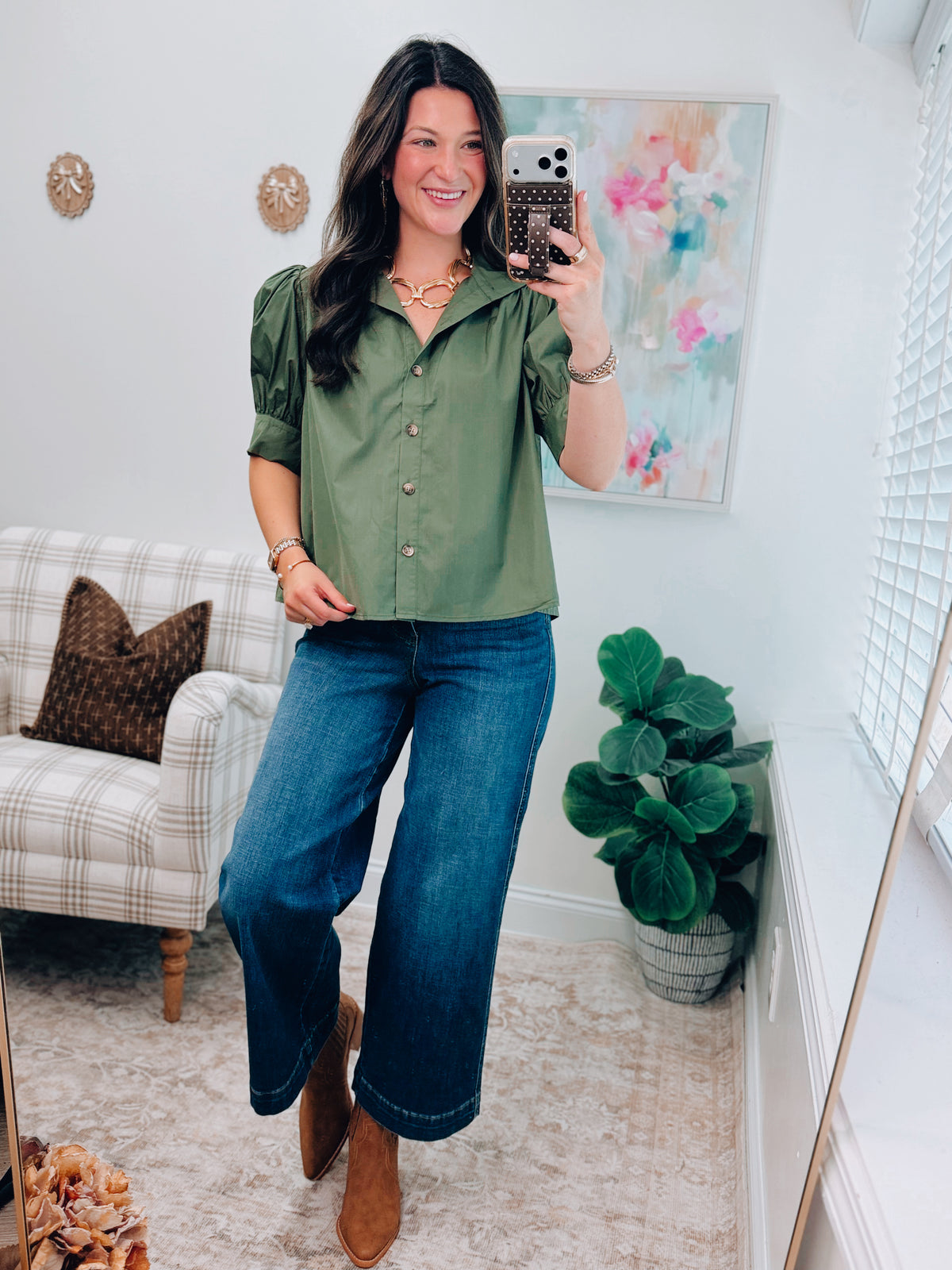 Sophie Olive Button Puff Sleeve Top