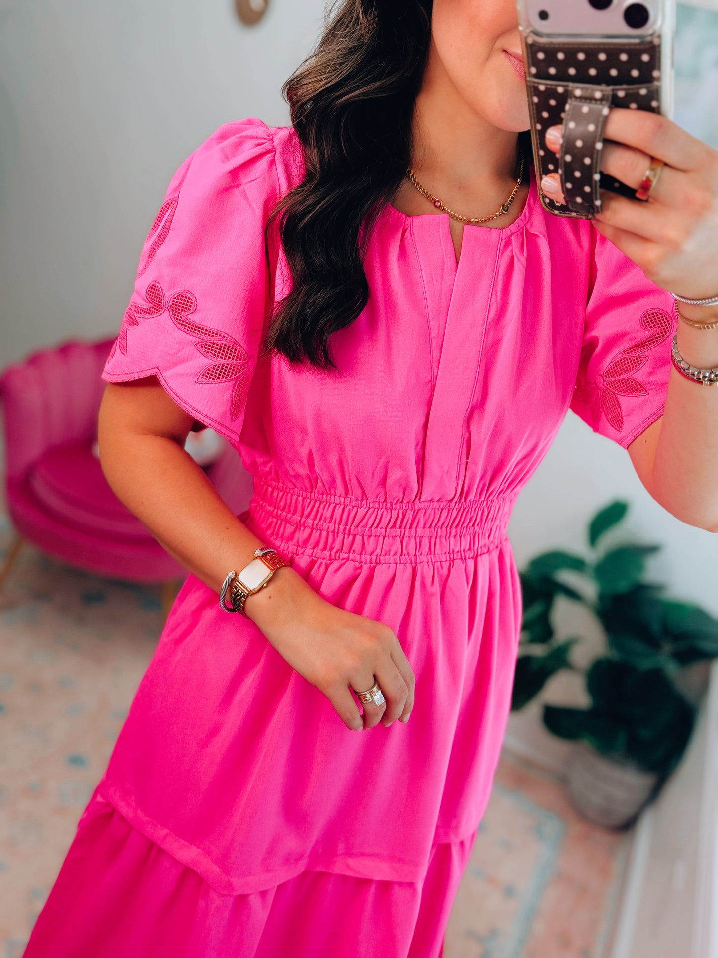 Soleil Hot Pink Smocked Tiered Midi Dress
