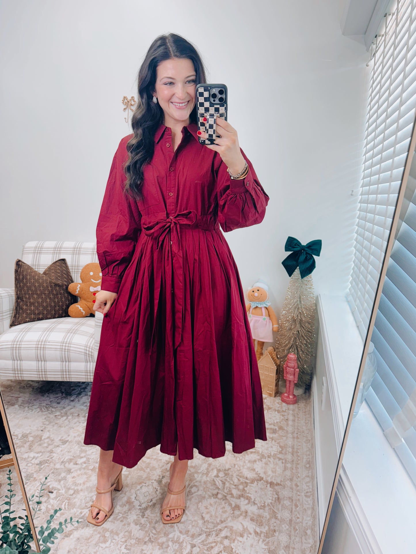 Burgundy Pleated Midi Tie Dress