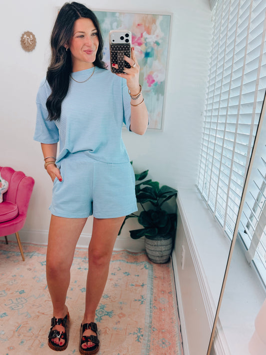 Seafoam Stripe Knit Shorts Set