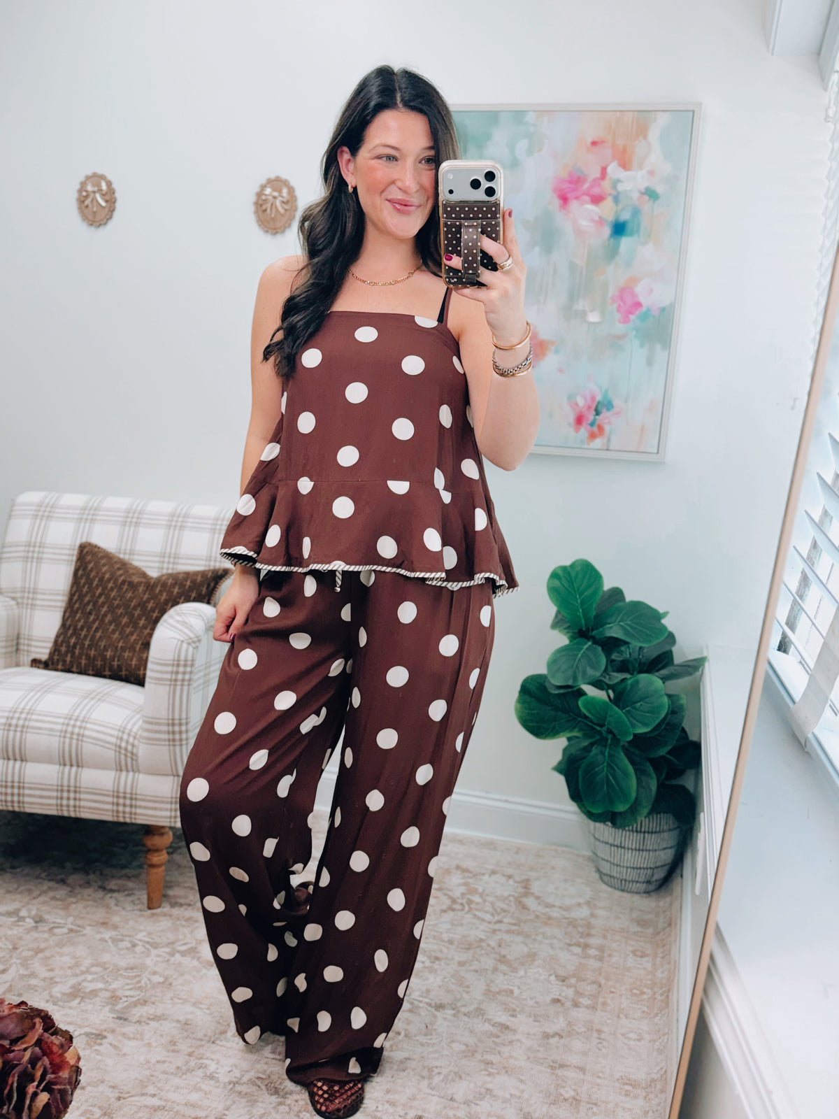 Brown Polka Dot Combo Pants Set