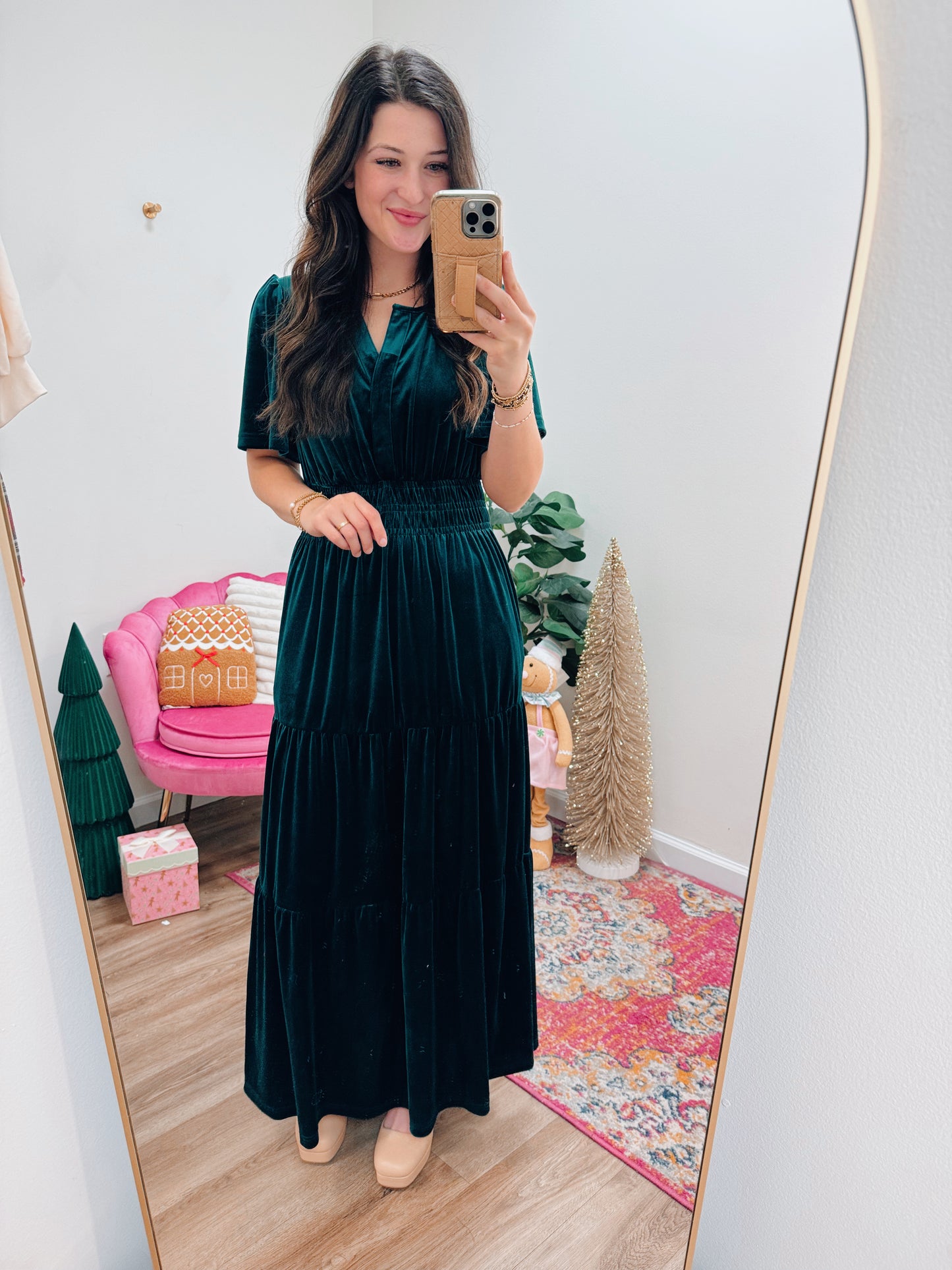 Deep Green Velvet Smocked Maxi