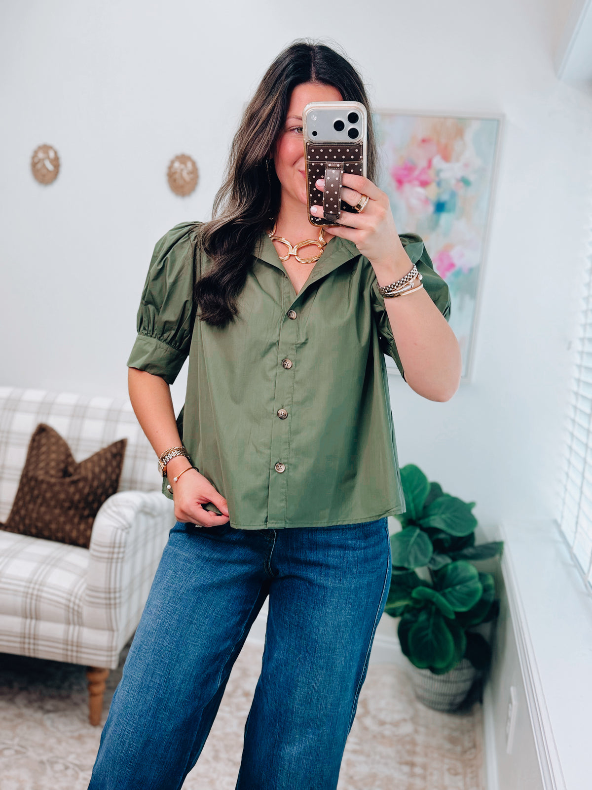 Sophie Olive Button Puff Sleeve Top