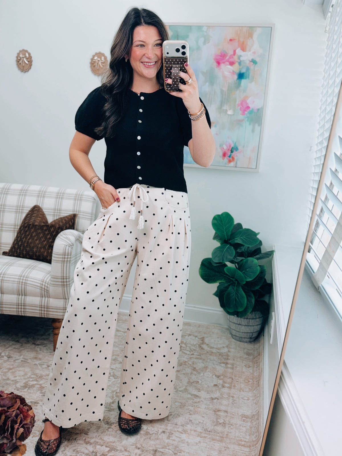Pleated Polka Dot Wide Leg Pants