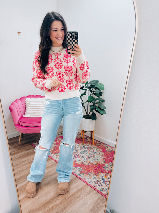 Electric Pink Floral Knit Sweater