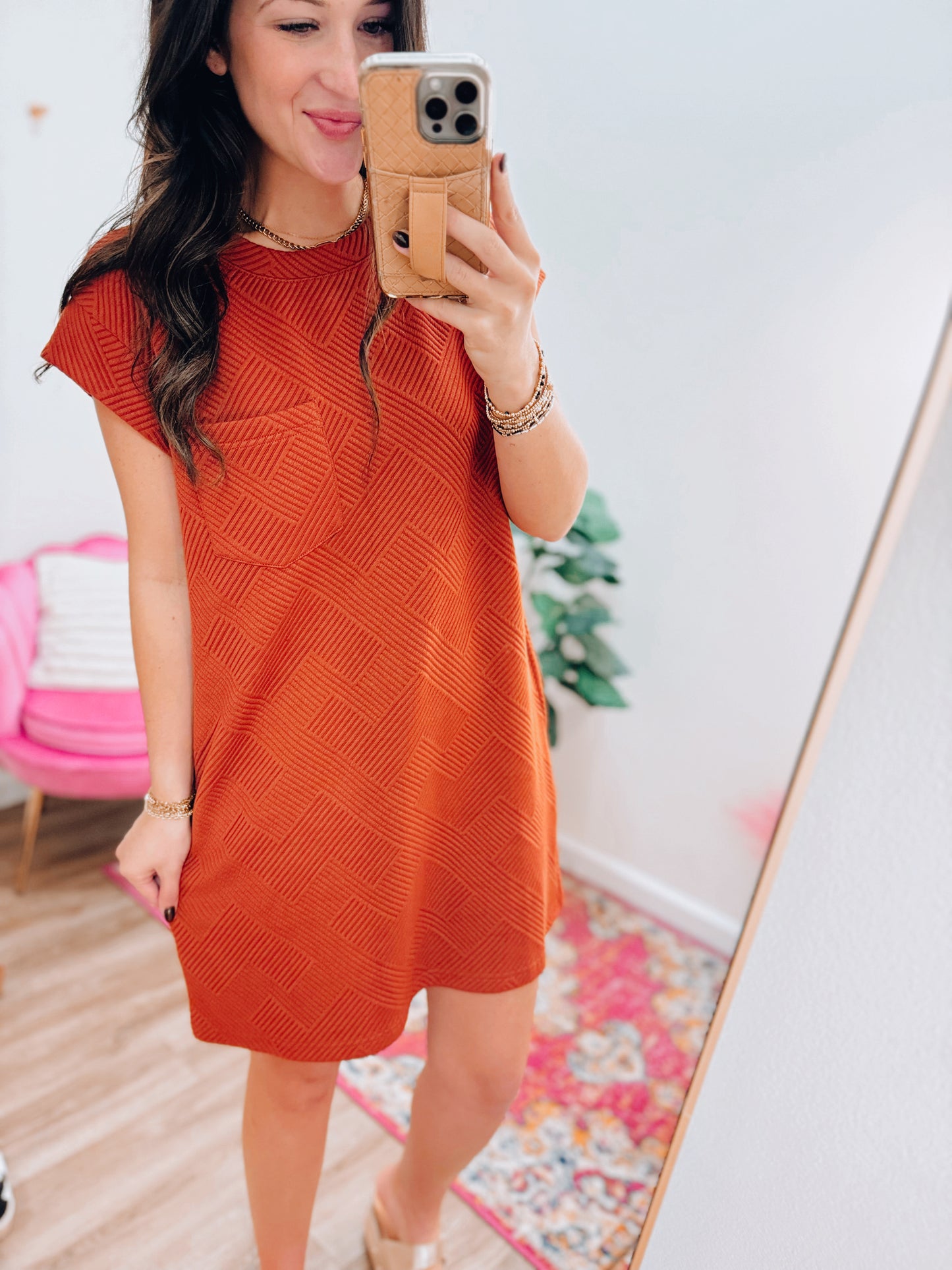 Sammi Textured Pocket Tee Dress - Rust