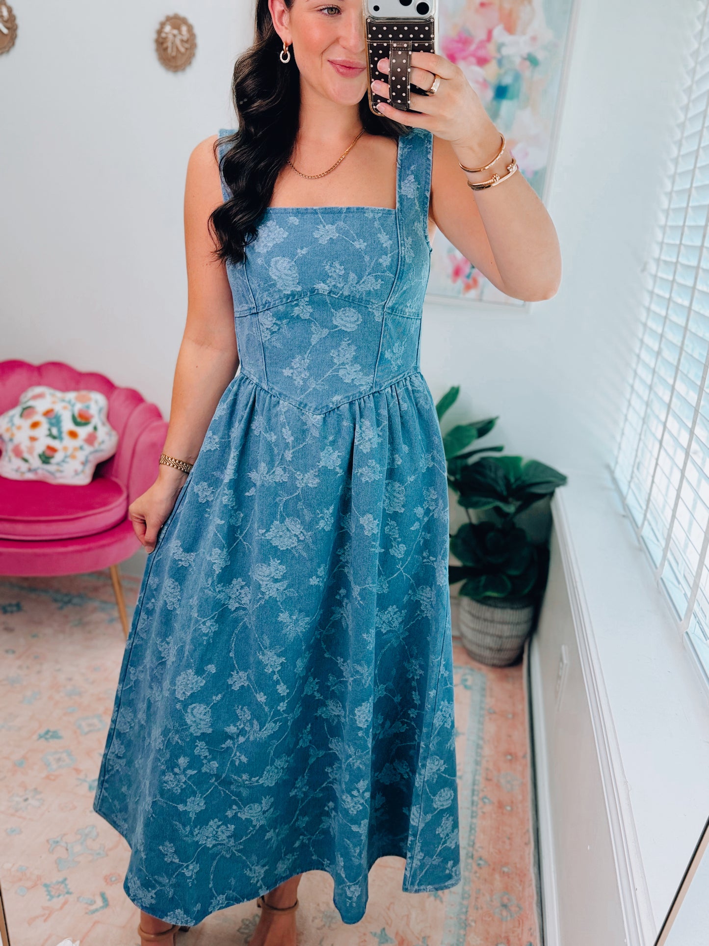 Jacquard Corset Floral Denim Midi Dress